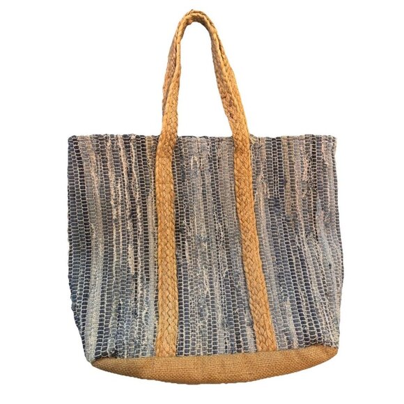 Straw Beach Shoulder Bag Boho Woven Mudpie India Jute Raffia Blue Metallic - Picture 4 of 10